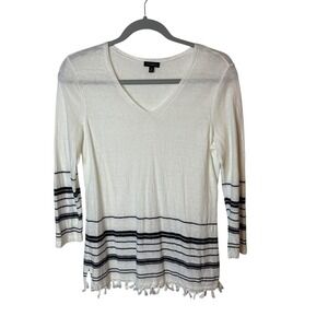 Talbots White Linen Striped V Neck Tassel Trim 3/4 Sleeve Top Women's Size XS
